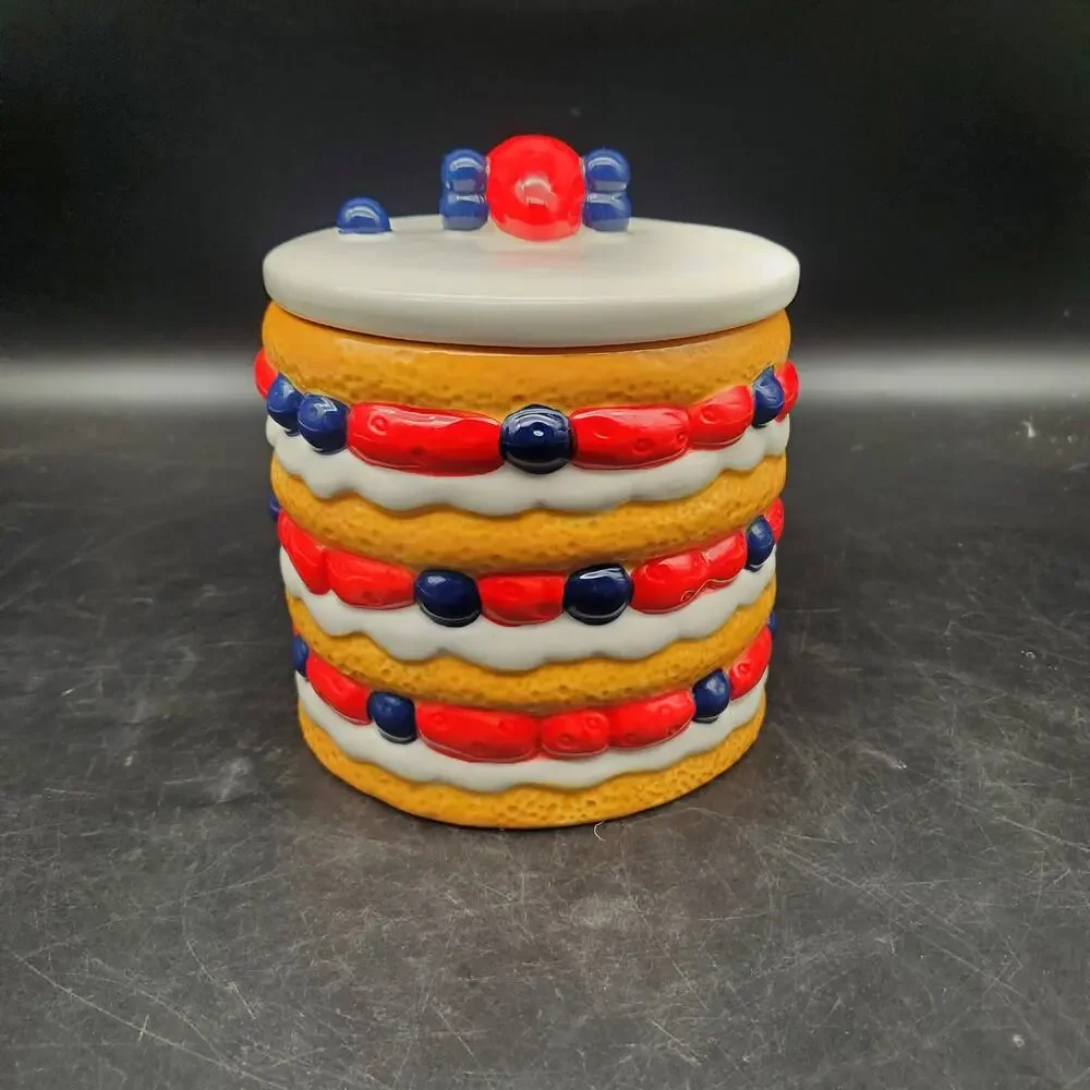Lang Patriotic Cake Cookie Jar Strawberry Blueberry Ceramic Kitchen Canister